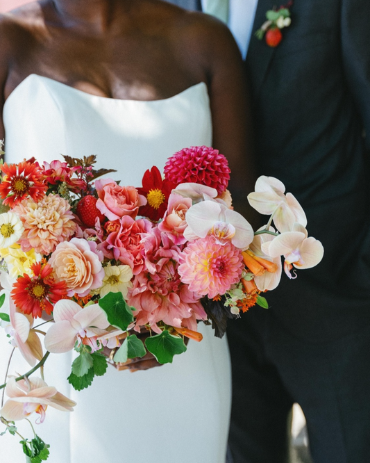 Large bridal bouquet with organic florals and maximalist design.