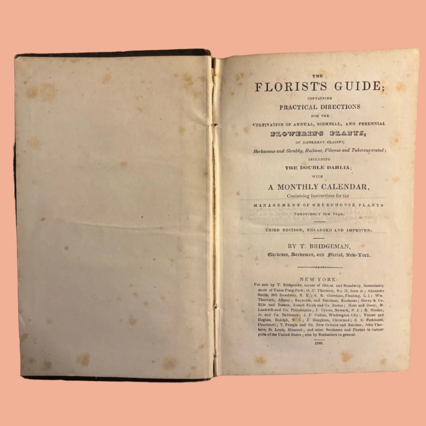 Open book titled 'The Florists' Guide' on a textured surface
