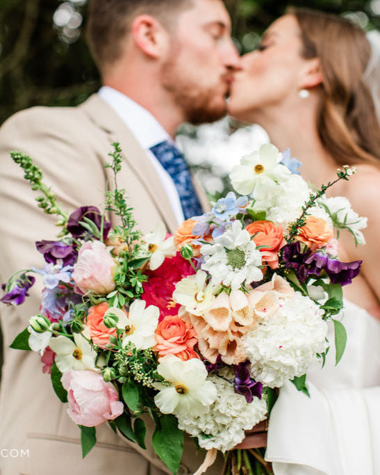 Large bridal bouquet with organic florals and maximalist design. A la carte wedding flowers by Neon Rodeo